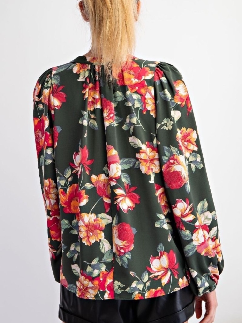 New Easel Women's Floral Tie Neck Blouse Pullover Woven Long Sleeve Relaxed Fit - Picture 3 of 8